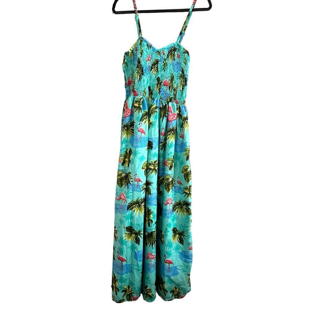 RIMA Pink Flamingo Tropical Hawaiian Print Midi Maxi Sun Dress Smocked Sundress